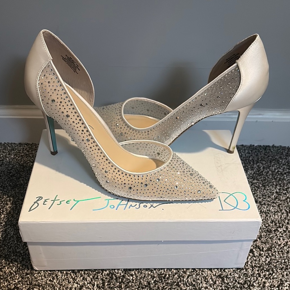Betsey Johnson Silver Stiletto Heels with Crystal Embellishments